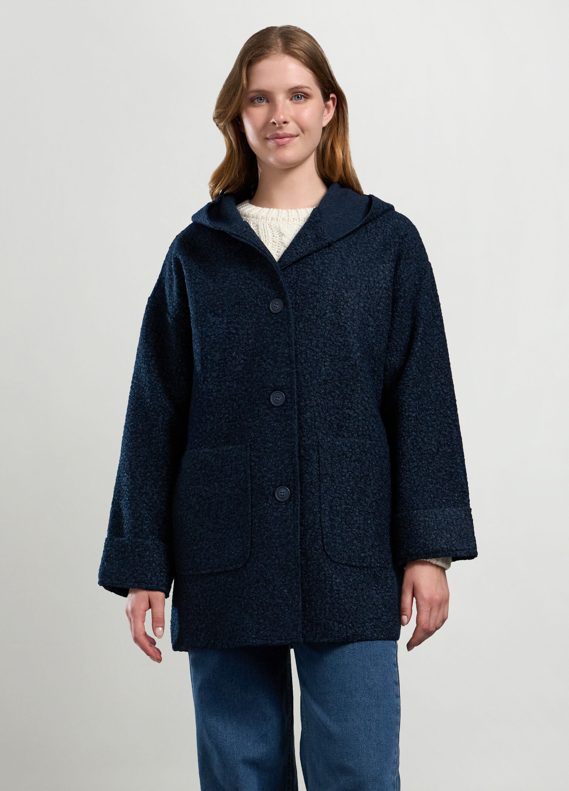 Cappotto bouclé con cappuccio donna_0