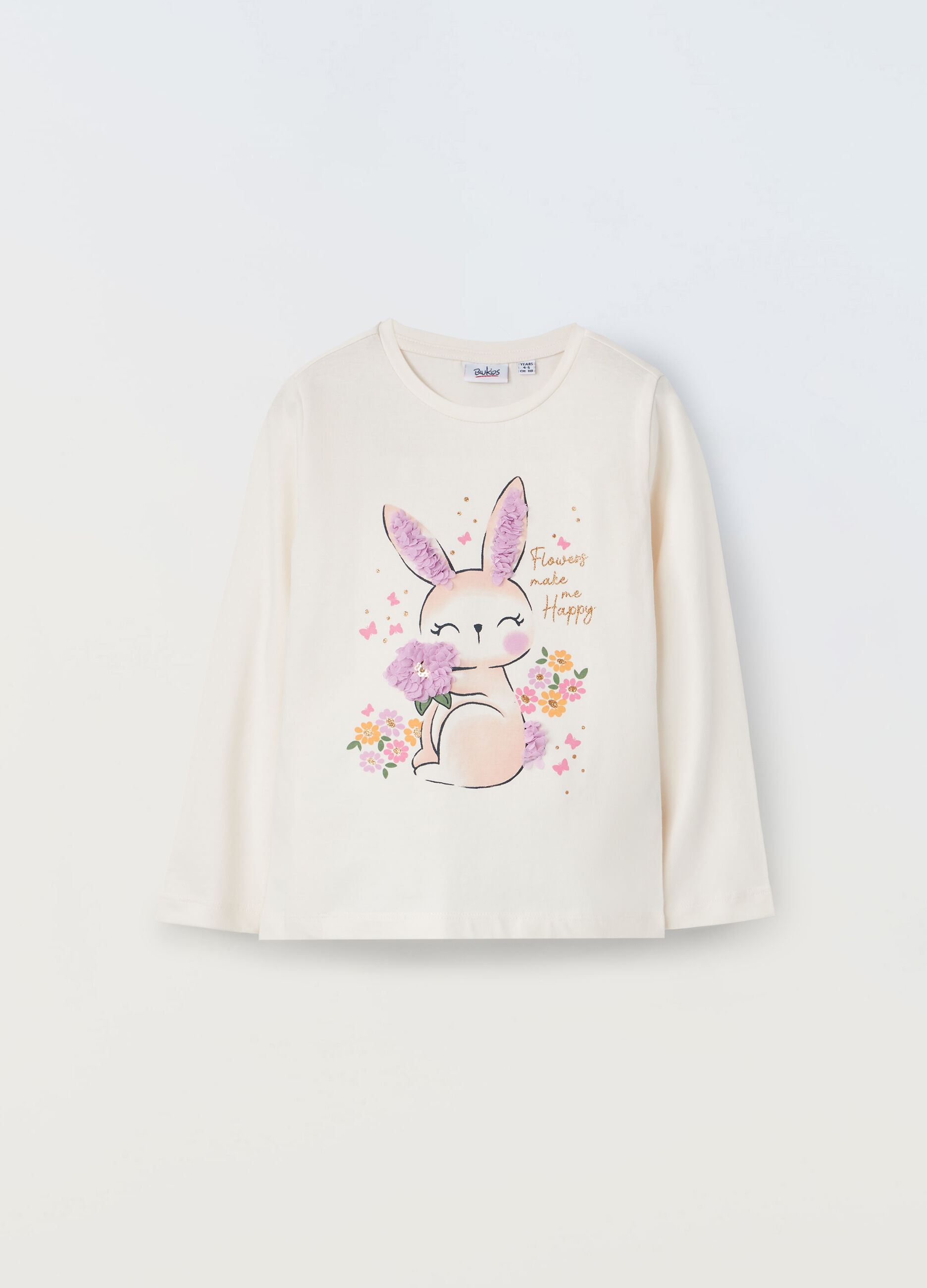 T-shirt a maniche lunghe in puro cotone con applicazioni bambina_0