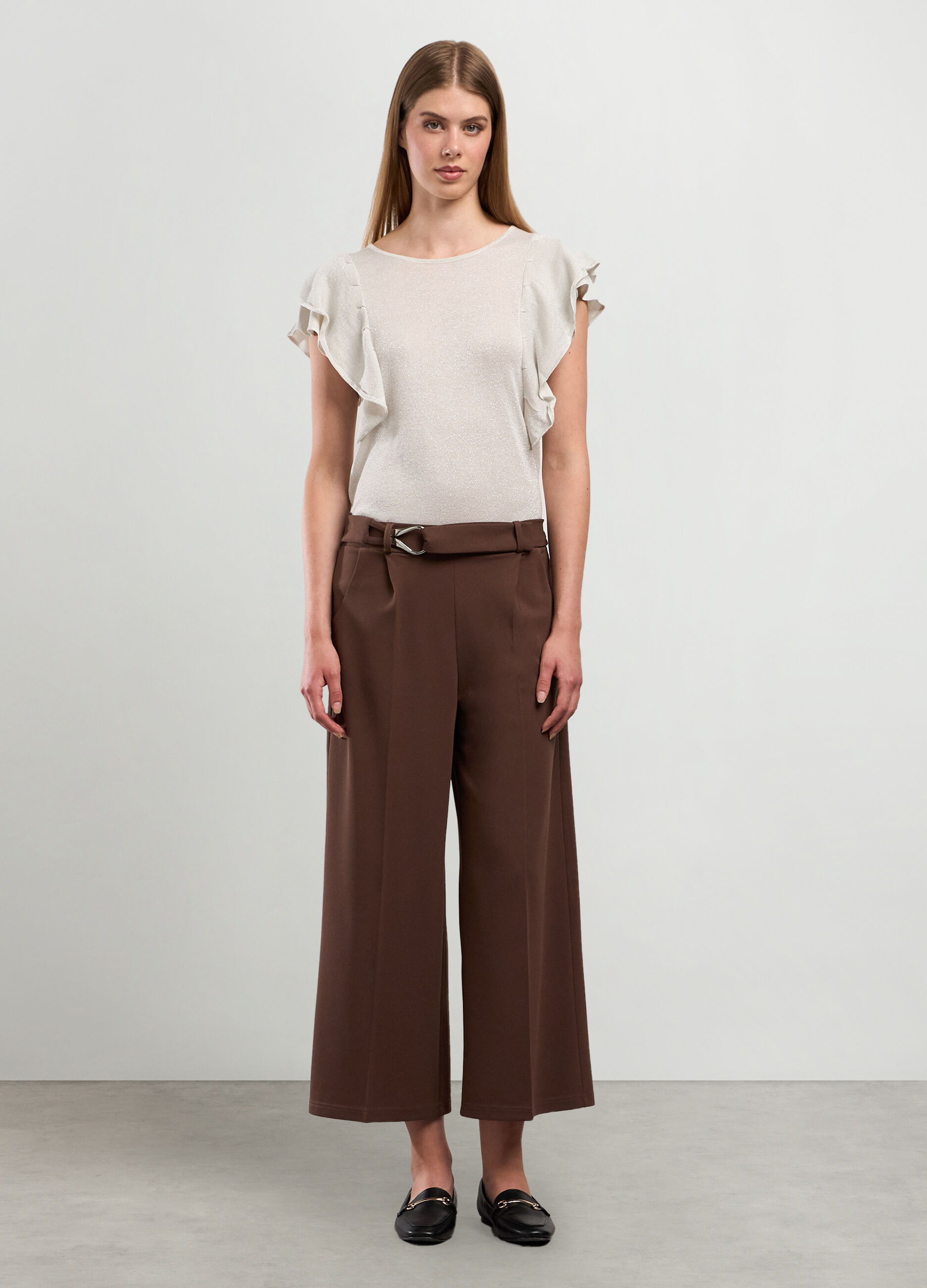 Pantaloni palazzo in tessuto stretch con cintura donna_0