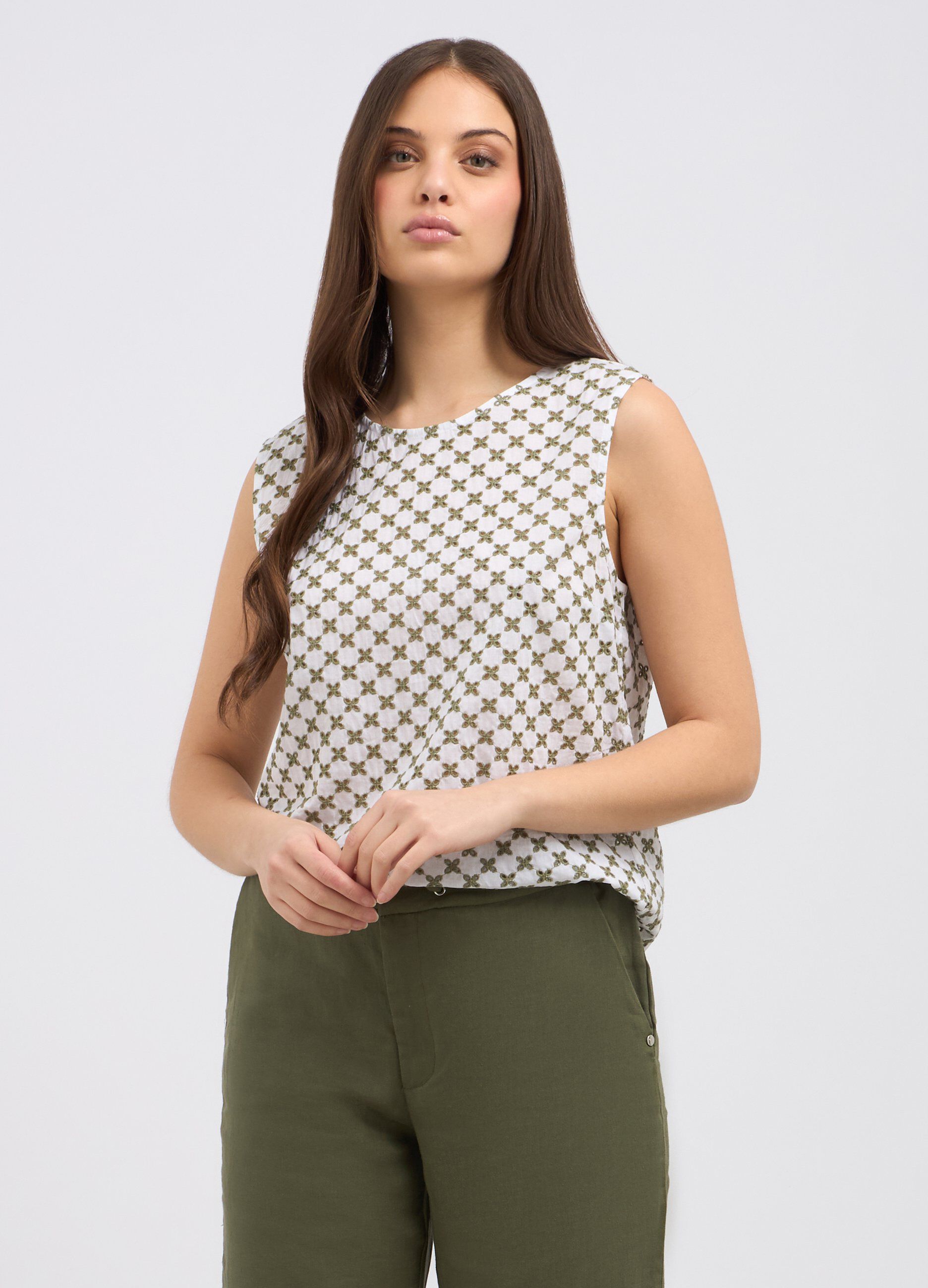 Blusa smanicata in puro cotone con ricamo donna_0