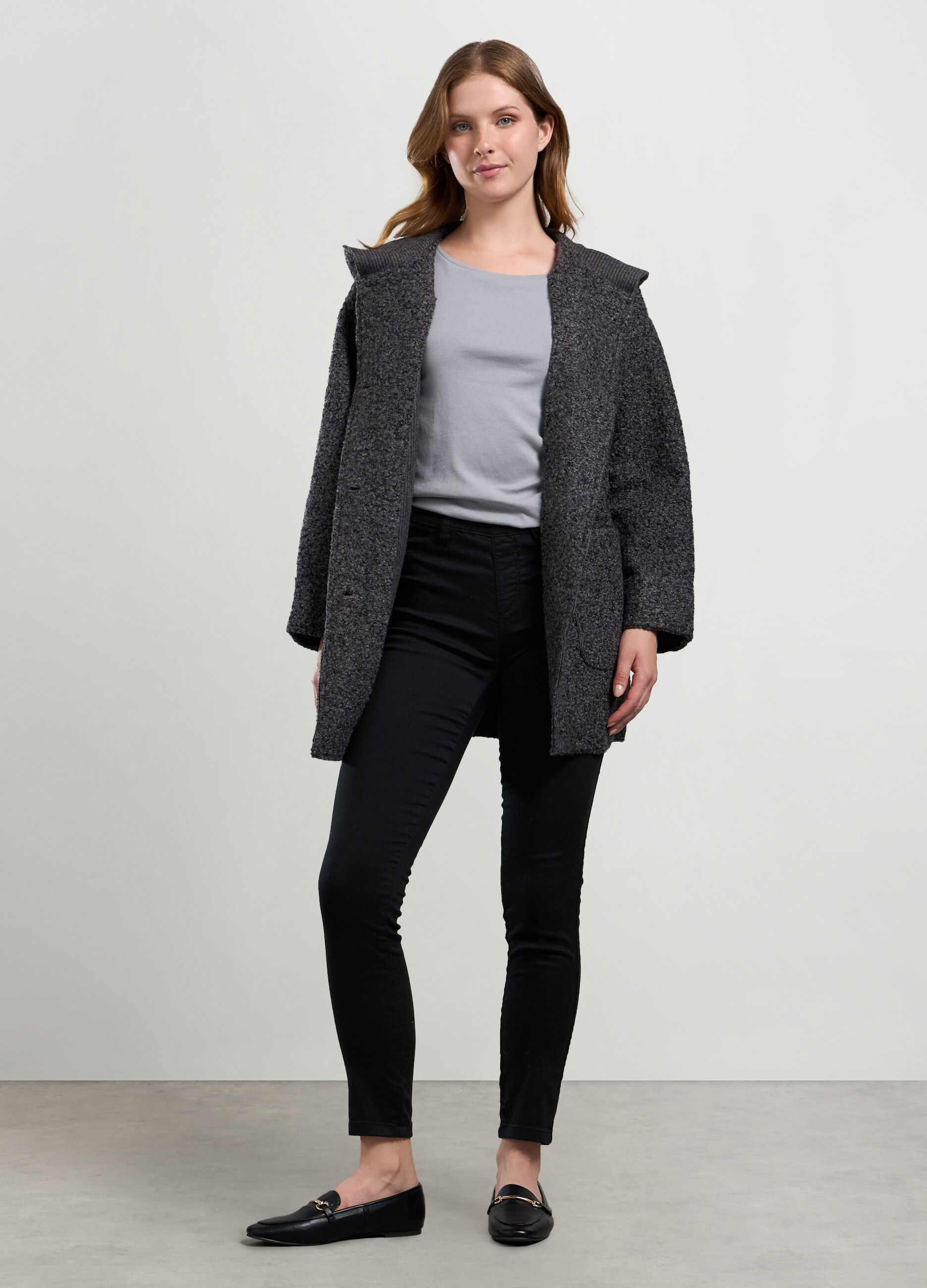 Cappotto bouclé con cappuccio donna_0