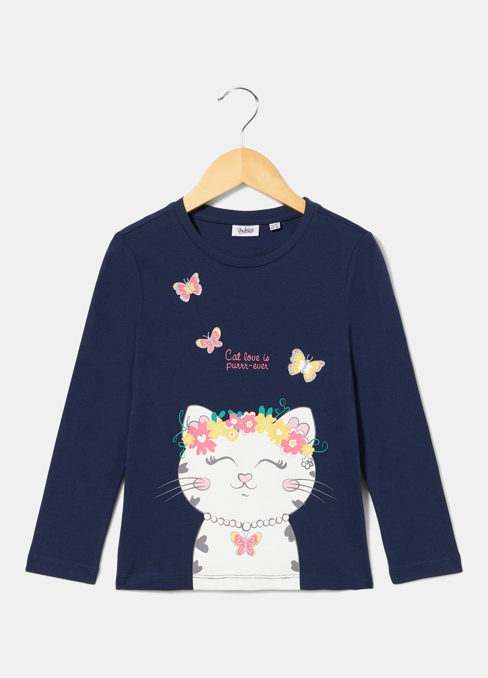 T-shirt a manica lunga stampa gatto bambina_0